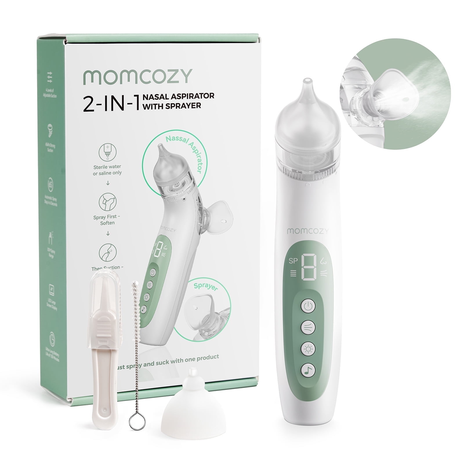 Momcozy BreezyClear 2-in-1 Electric Nasal Aspirator with Spray, Nasal Aspirator for Baby, 65kPa Nose Sucker with 4 Adjustable Suction Levels, Portable Electric Nose Cleaner, Light & Music Soothing