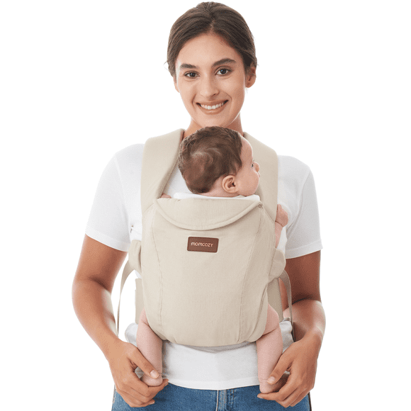 Momcozy Newborn Carrier WeeSnug- Lightweight and Cozy Comfort for 7-25 lbs, Ergonomic Cross-Back Support, Effortless to Put On, Hands-Free Baby Carrier with Lumbar Support, Khaki