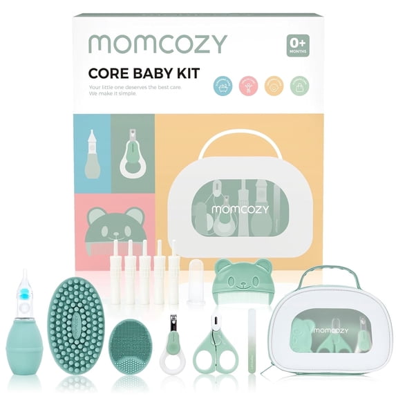Momcozy Core Baby Kit, Baby Shower & Registry Essential Kit for Grooming Cleansing Care, Includes Nail File Kits, Nasal Aspirator, Bath Brushes, Toothbrush, Comb, Storage Case, etc