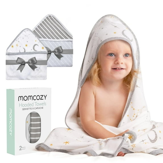 Momcozy Baby Hooded Towel, 2 Pack Cotton Bath Towel for Boy or Girl, Super Soft Baby Towel with Original Design, Shower Gifts for Newborn (28 X 28 Inch, Starry Sky)