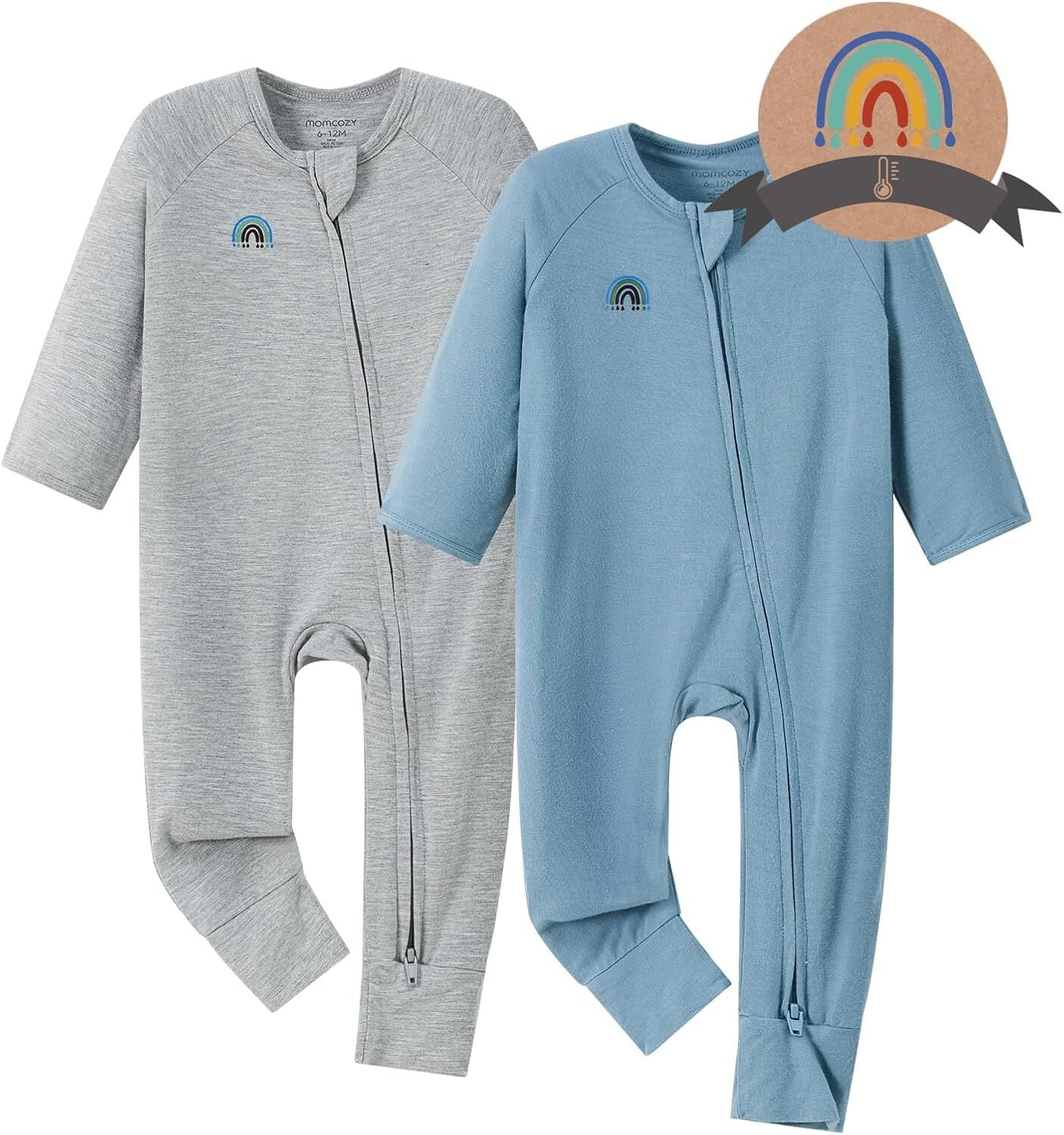 Momcozy Bamboo Fiber Baby Bodysuit 2-Piece Set,No Feet Covered BP002 12-18 Months Blue + Gray