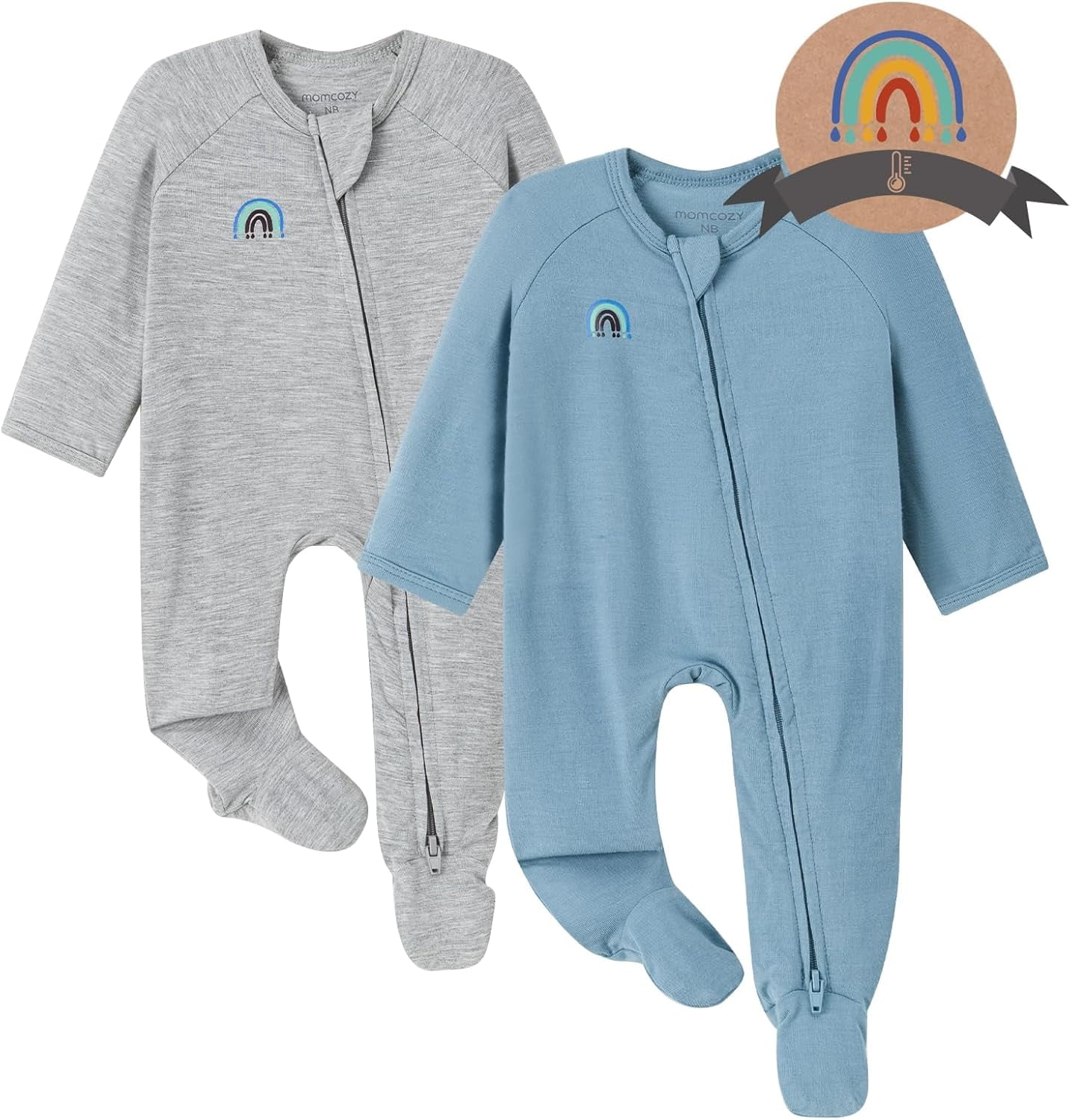 Momcozy Bamboo Fiber Baby Foot Cover Bodysuit 2-Piece Set BP001 Newborn Blue + Gray
