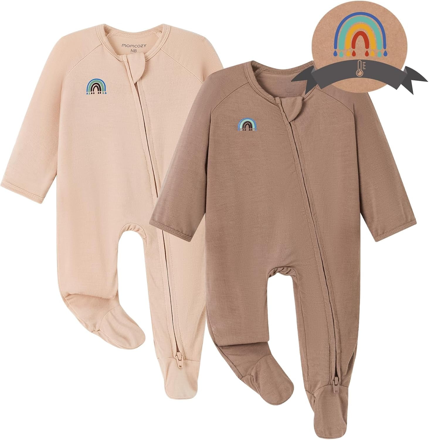 Momcozy Bamboo Fiber Baby Foot Cover Bodysuit 2-Piece Set BP001 Newborn Pink + Brown
