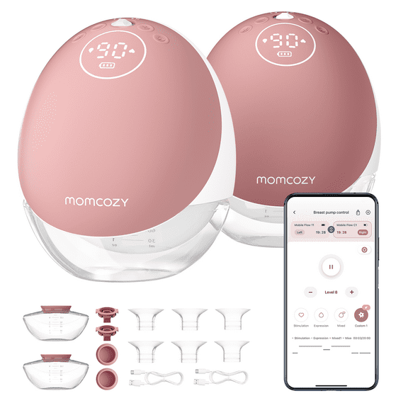 Momcozy M9 Wearable Hands-Free Breast Pump, App Control with Personalized Multi-Modes & 15 Levels, 24mm Silicone Flange, Infant/Toddler Use, 2 Pack,Cozy Red
