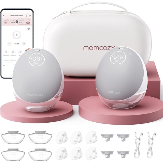 Momcozy Breast Pump Hands Free Mobile Flow | M9, App Discreet Wireless Breast Pump M9, Independent Breastmilk Storage, 2 Pack, Gray