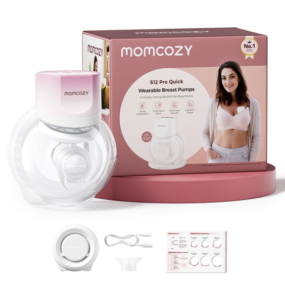 Momcozy Breast Pump S12 Pro Quick, Hands-Free Wearable & Wireless Pump, with DoubleFit Hybrid Flange, 3 Modes & 9 Levels Electric Pump Portable, Smart Display, 24mm Flange, 1 Count, Cozy Pink