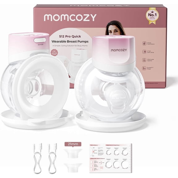 Momcozy Breast Pump S12 Pro Quick, Hands-Free Wearable & Wireless Pump, with DoubleFit Hybrid Flange, 3 Modes & 9 Levels Electric Pump Portable, Smart Display, 24mm Flange, 2 Count, Cozy Pink