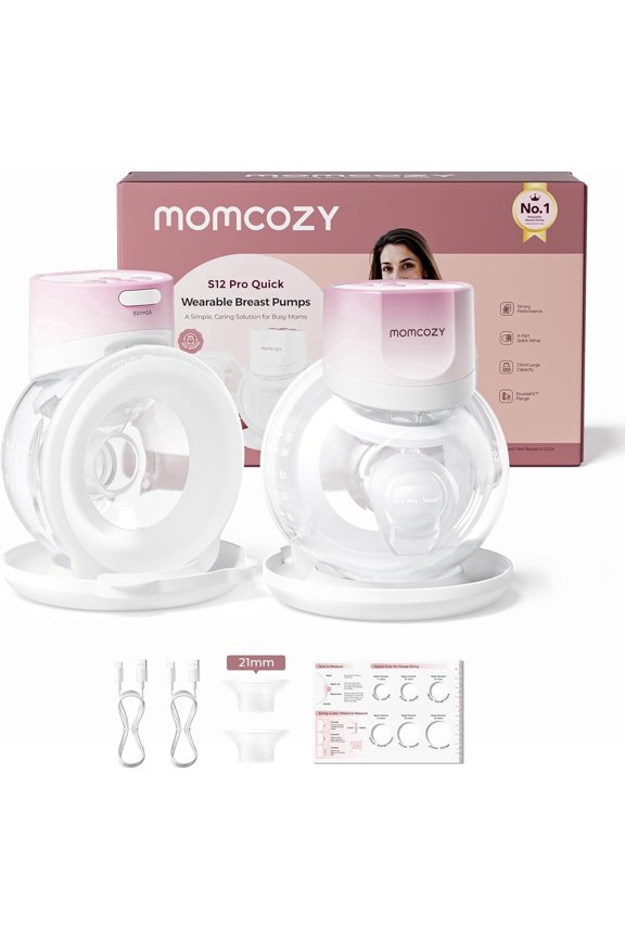 Breast Pump S12 Pro Quick, Hands-Free Wearable & Wireless Pump, with DoubleFit Hybrid Flange, 3 Modes & 9 Levels Electric Pump Portable, Smart Display, 24mm Flange, 2 Count, Cozy Pink