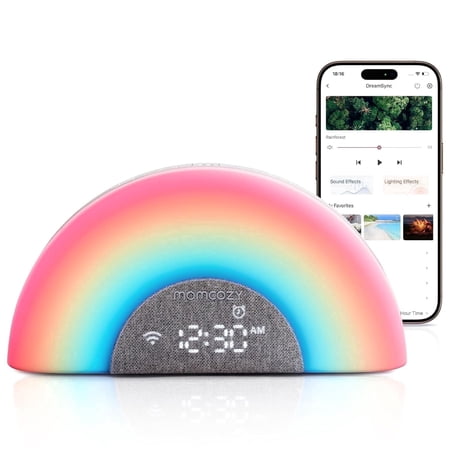 Momcozy DreamSync Tech™ Baby Sound Machine, Night Light, APP Control Baby Sleep Trainer, Routine Builder, White Noise Machine with 34 Soothing Sounds, Wake Up Light Sunrise Alarm Clock