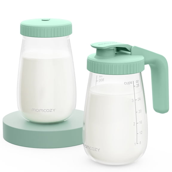 Momcozy Glass Breast Milk Pitcher, Milk Storage Container with Flat Lid&Handle Lid,Leak-Resistant,Heat & Cold Resistant, 2 Pcs, 32oz Each (64oz Total)