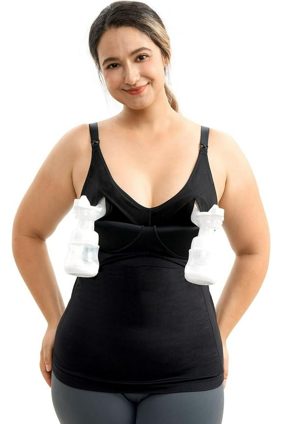 Hands Free Pumping Tank Top, All-in-One Pumping & Nursing Tank Tops with Built-in Bra, Fixed Padding Maternity Cami, Black, M