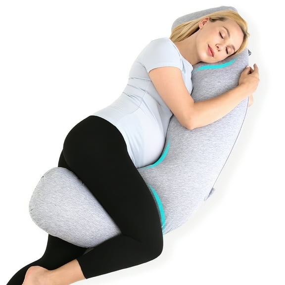 Momcozy J Shaped Pregnancy Pillows for Side Sleeping, Maternity Body Pillows for Pregnancy with Jersey Cover, Gray