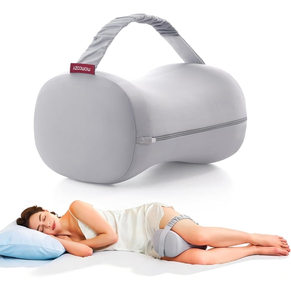 Momcozy Knee Pillow for Side Sleepers, Soft Memory Foam Spine Alignment Pregnancy Leg Pillow for HIPS, Back, Sciatica Pain, Fixed Strap for Moving, Wider Contact Even Pressure
