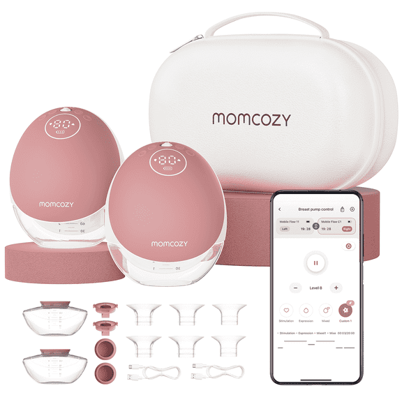 Momcozy M9 Breast Pump Hands Free Mobile Flow, App Discreet Wearable Breast Pump M9, Control Personalized 2 Pack, Cozy Red