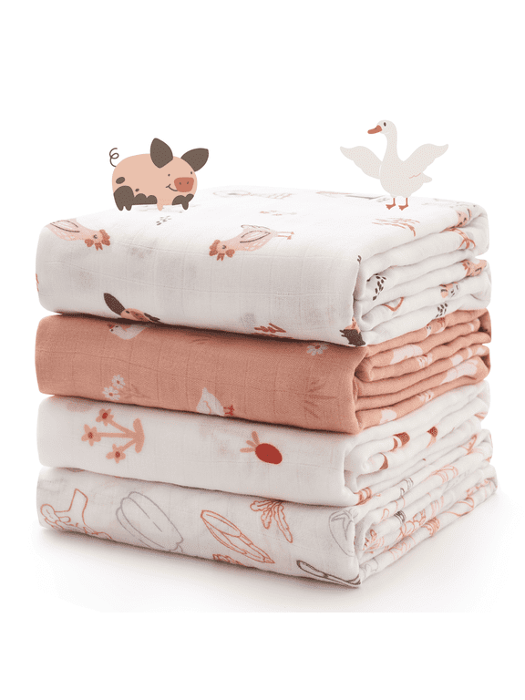 Muslin Swaddle Blankets, 4 Pack, Breathable 2-Layer Gauze Large 47'' x 47'' Baby Swaddling Receiving Blanket Wraps for Newborn Boys Girls