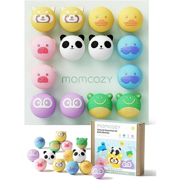 Momcozy Natural&Organic Essential Oil Bath Bombs,14 Pcs Bubble Bath Fizzy Balls with 7 Cute Animal Shapes,Bath Bombs Gift Set for Kids Girls Boys Toddler, Ideal Gift for Easter Egg, Bath Bomb Kit