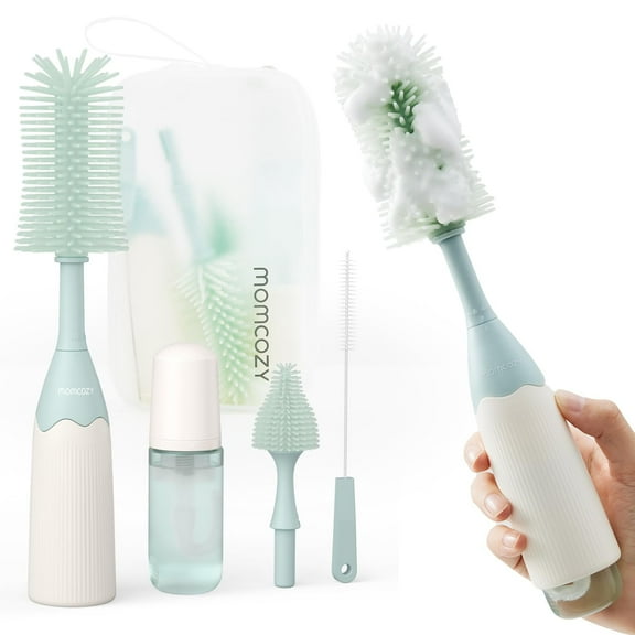 Momcozy Portable Bottle Brush Set - Baby Bottle Cleaner Kit with Silicone Brush, Nipple Brush, Straw Brush, Soap Dispenser, Drying Rack - 6 in 1 Bottle Cleaning Tool for Home and Travel 1 Set Green