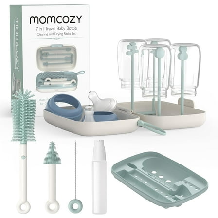 Momcozy Portable Bottle Brush Set - Baby Bottle Cleaner Kit with Silicone Brush, Drying Rack - 6 in 1 Bottle Cleaning Tool for Home and Travel Green 1 Set