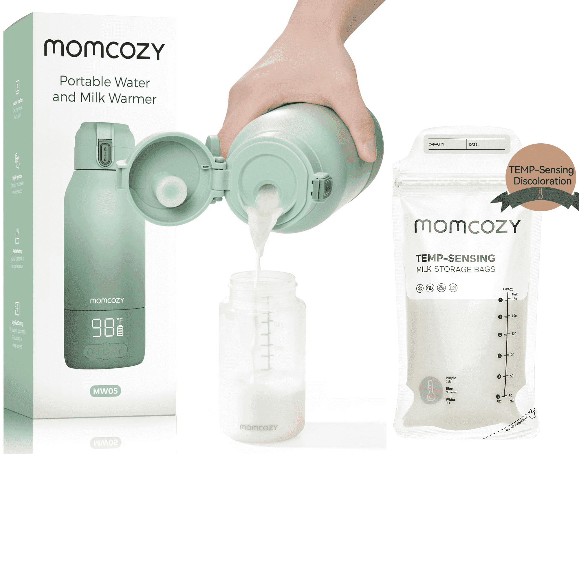 Momcozy Portable Milk Warmer + Breastmilk Storage Bags Set, Dual Heating Modes, Temp-Sensing Discoloration, 180ml, 120 Count