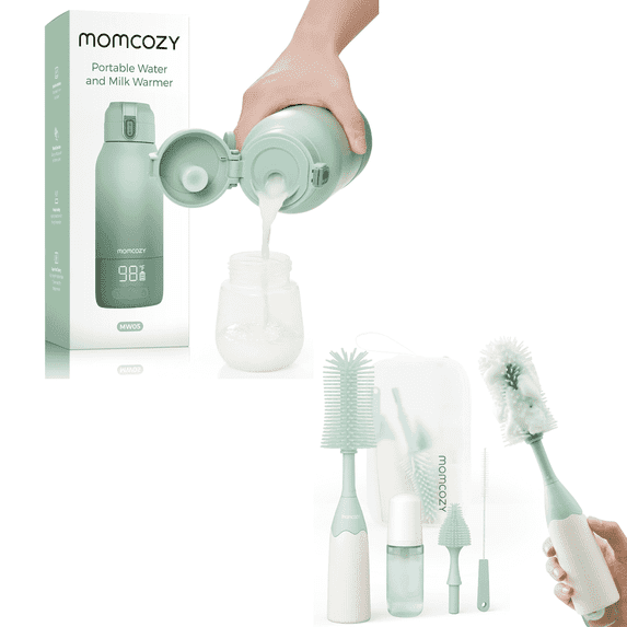 Momcozy Portable Milk Warmer for Travel – Dual Heating Modes for Breast Milk and Momcozy Portable Bottle Brush Set - Baby Bottle Cleaner Kit