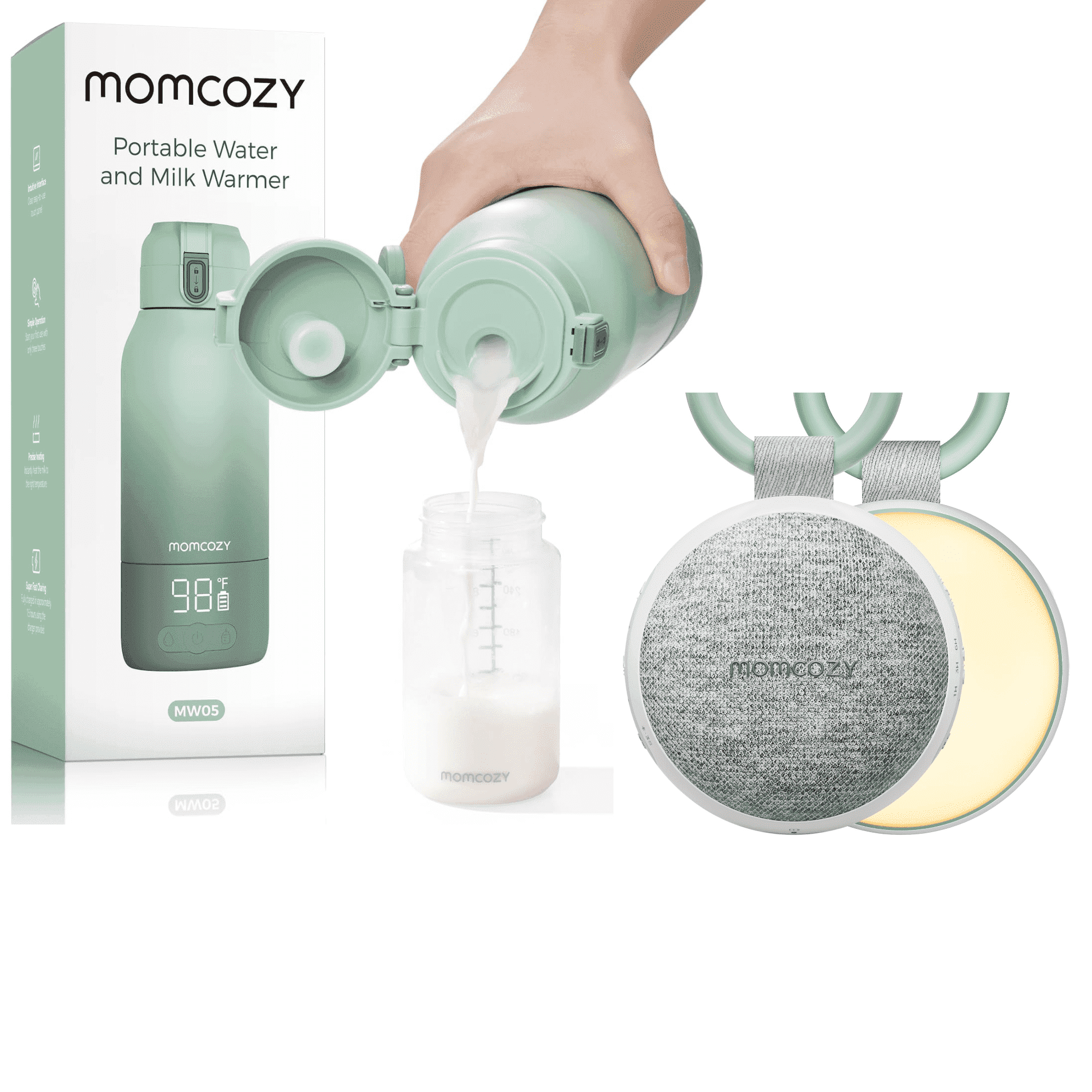 Momcozy Portable Milk Warmer for Travel – Dual Heating Modes for Breast Milk and Momcozy Portable Sound Machine with Night Light, 20 Soothing Sounds