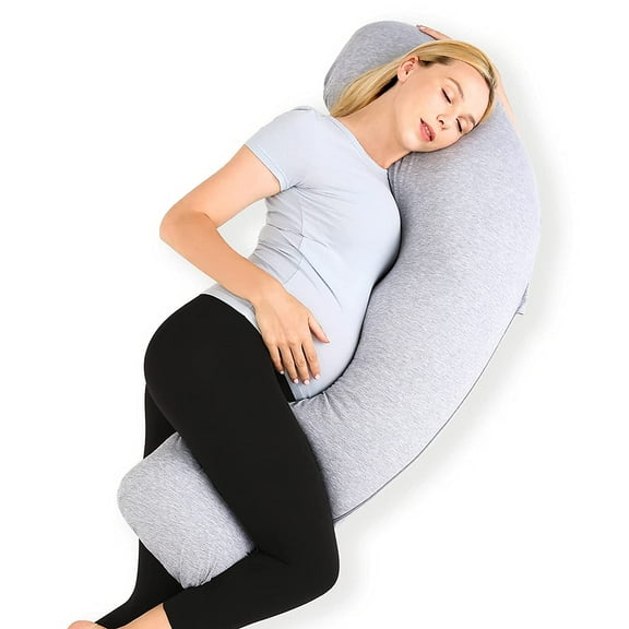 Momcozy Pregnancy Pillows for Side Sleeping, J Shaped Maternity Body Pillow for Pregnancy, Soft Pregnancy Pillow with Jersey Cover for Head Neck Support, Grey