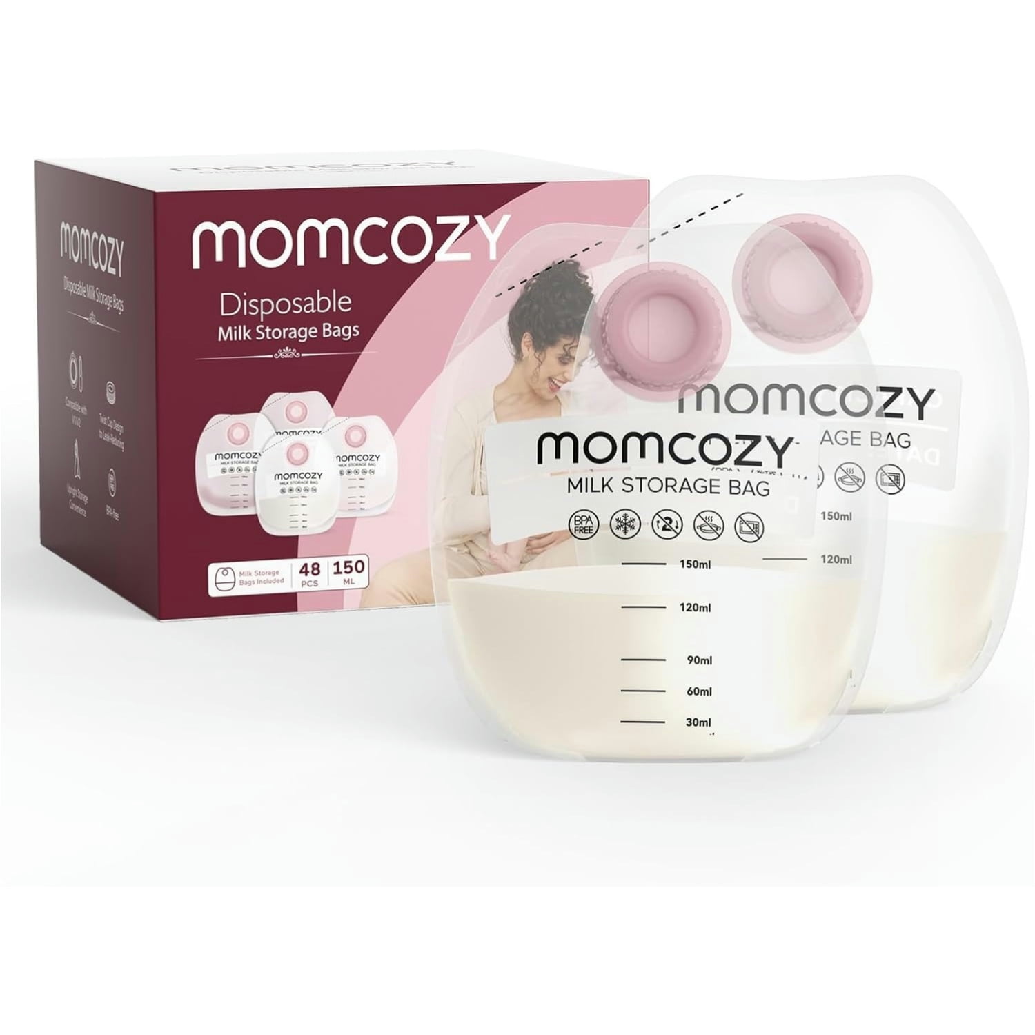 Momcozy Screw-on Breastmilk Storage Bags, 48 Ct, Holds 5 oz