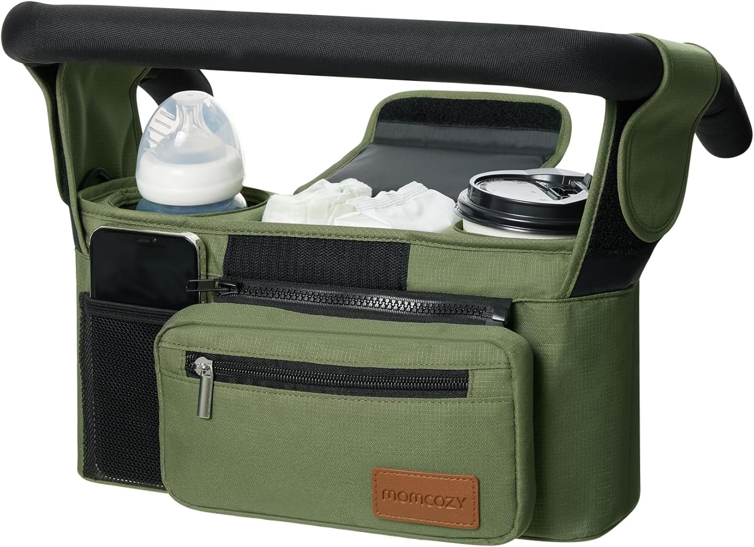 Momcozy Universal Stroller Organizer with Insulated Cup Holder for Newborn & Toddler, Deep Green