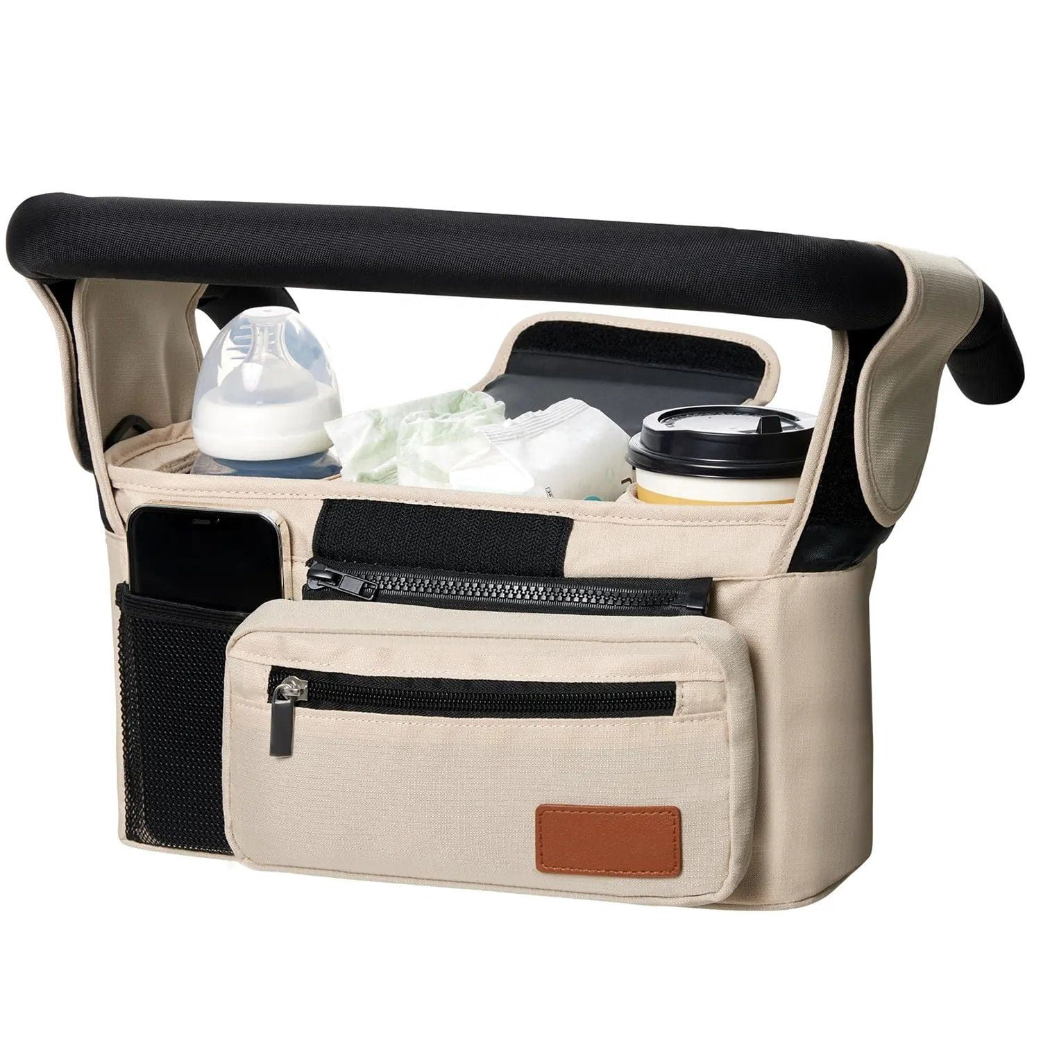 Momcozy Universal Stroller Organizer Multi-functional 3 in 1 Insulated, Adjustable Set with Detachable Phone Bag & Shoulder Strap, Khaki