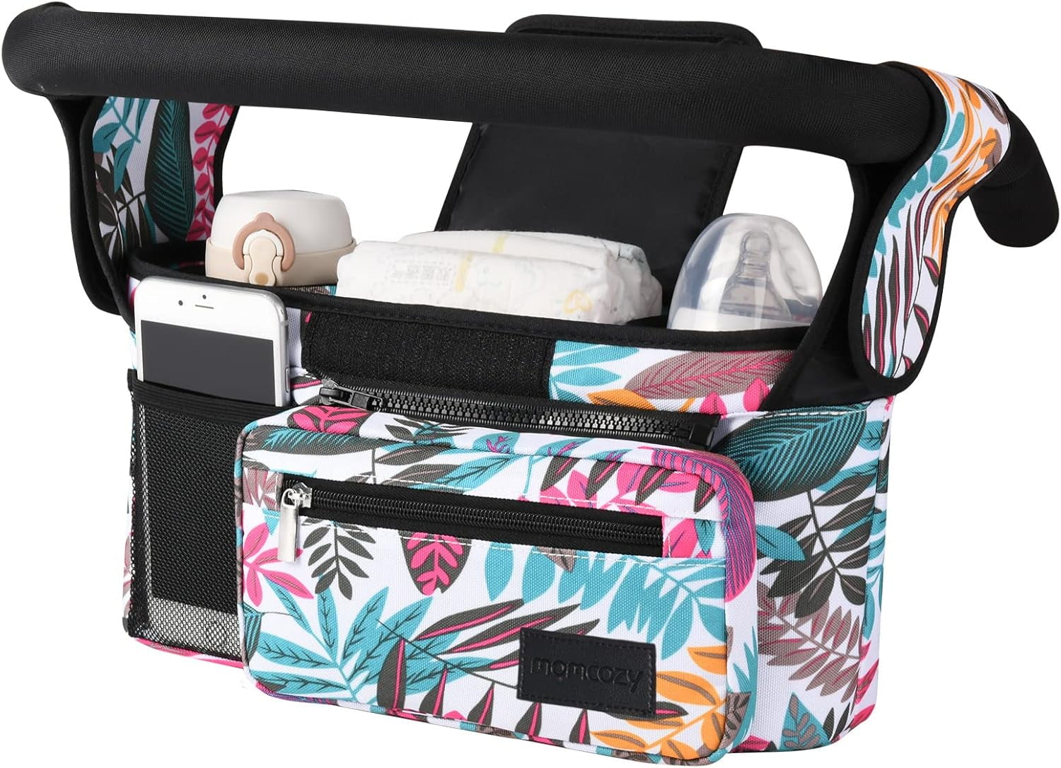 Momcozy Universal Stroller Organizer with Insulated Cup Holder for Newborn & Toddler, Tropical Style