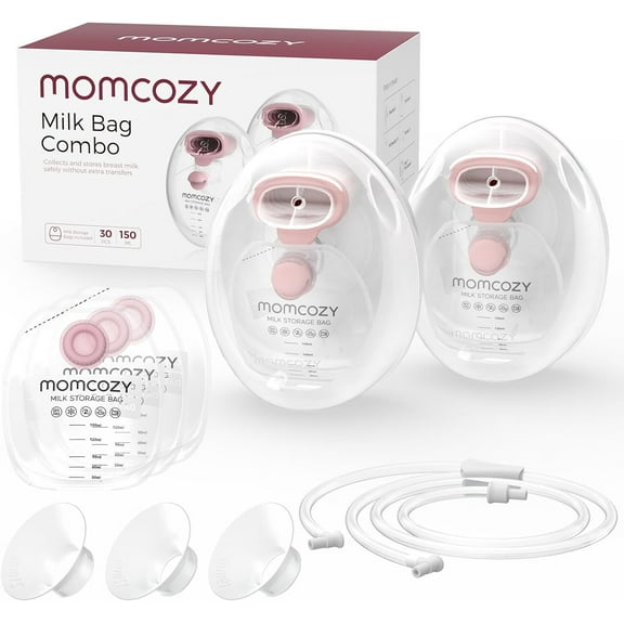 Momcozy Wearable Milk Collection Cups with Storage Bags, Direct-to-Bag Breast Milk Bag Combo, Breast Pump Parts for Momcozy V1/V2 Pump & Most Electric Breast Pumps, 2 Pack