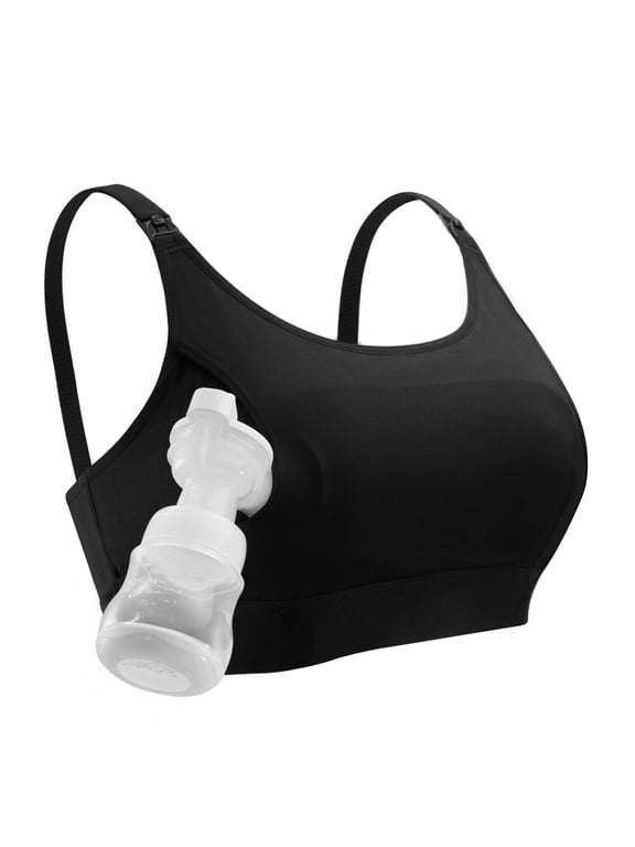 Breast Pump Bra (Black/ Beige) Hands Free Pumping and Nursing Bra for Most Breast Pumps Large