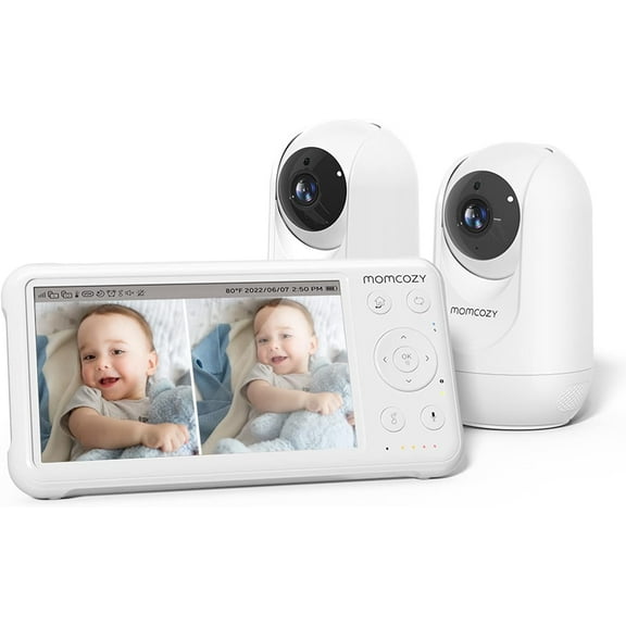 Momcozy Baby Monitor with 2 Cameras 5 1080P Split Screen Video Baby Monitor with Camera and Audio no WiFi for Baby Safety 5000mAh Battery Infrared Night Vision 2-Way Audio 960ft Range Ideal Gift