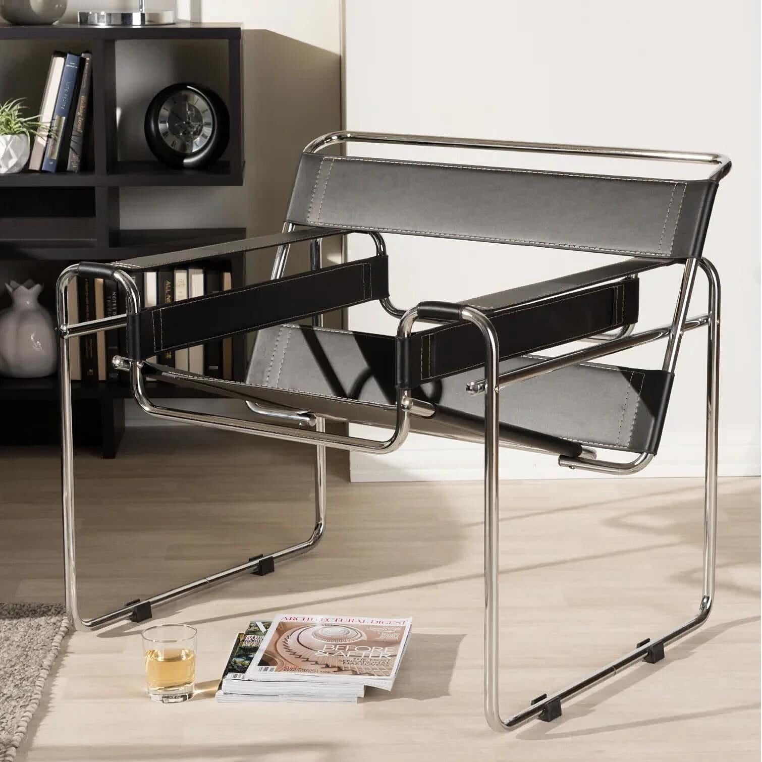 Momei MidCentury Modern Saddle Leather Accent Chair Arm Chairs Black Modern & Contemporary