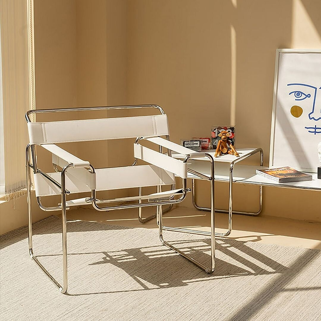 Momei MidCentury Modern Saddle Leather Accent Wassily Chair Accent Chairs White