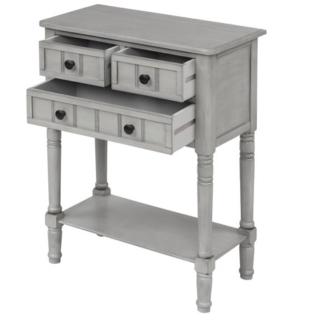 Momei Narrow Console Table, Slim Sofa Table with Three Storage Drawers Grey