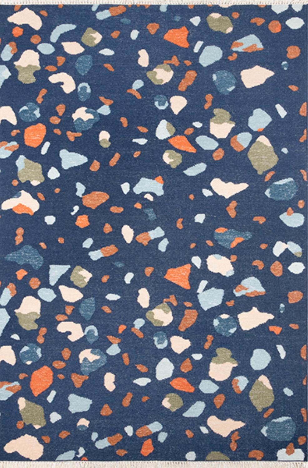 Navy Terrazzo Pattern Wool Blend Abstract Rug 5' x 7'