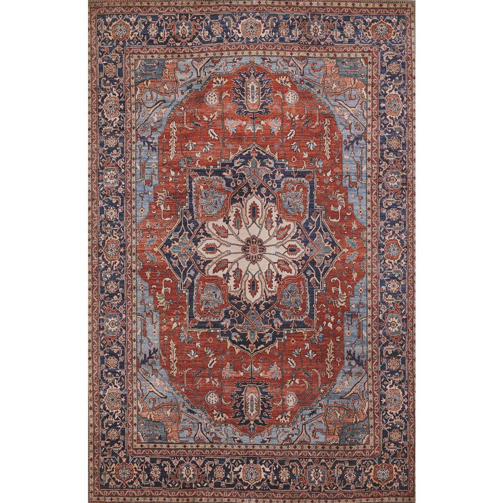 Elegant Red and Navy Ornate Synthetic Area Rug 7'6" x 9'6"