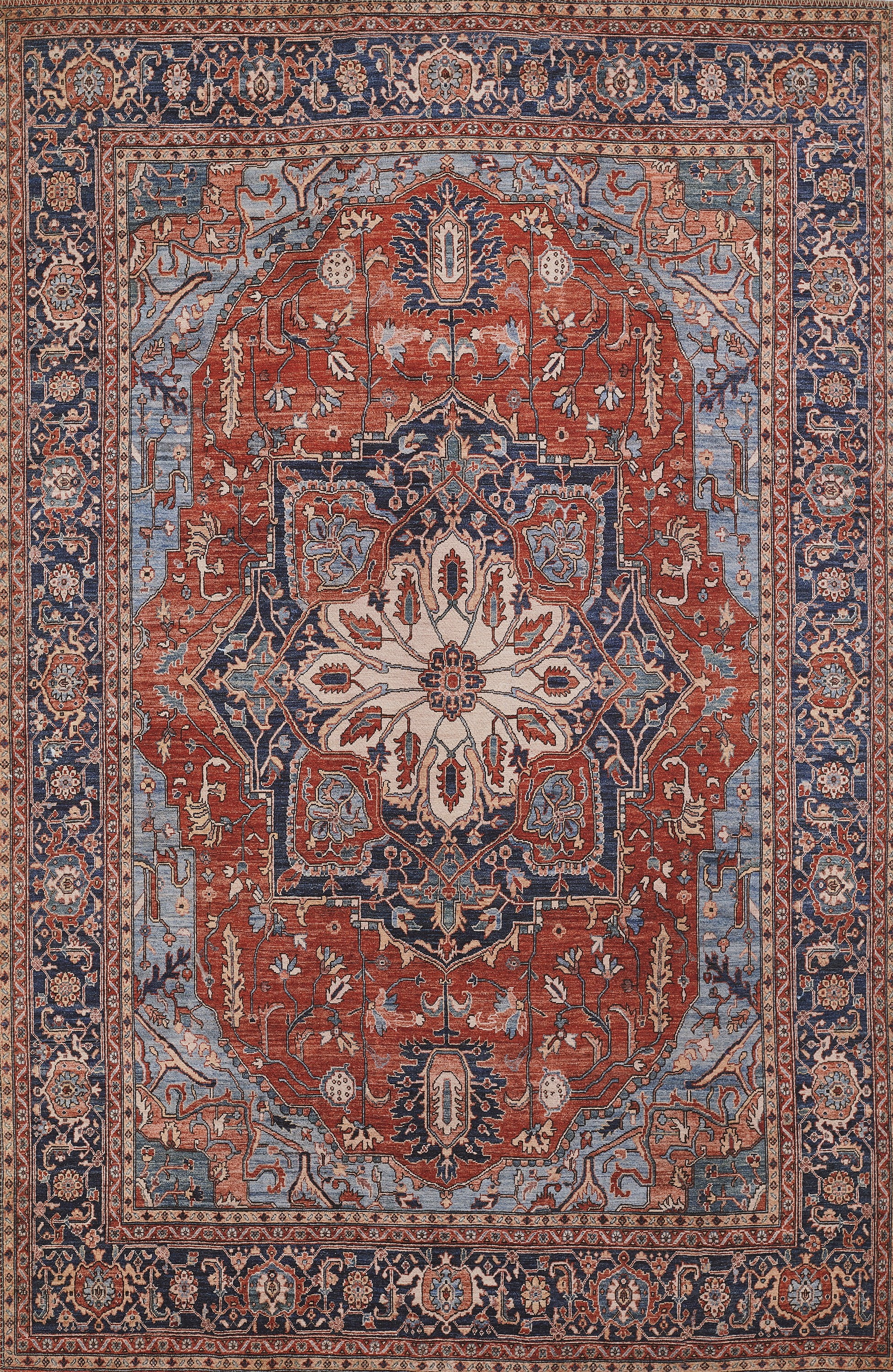 Elegant Red and Navy Ornate Synthetic Area Rug 7'6" x 9'6"
