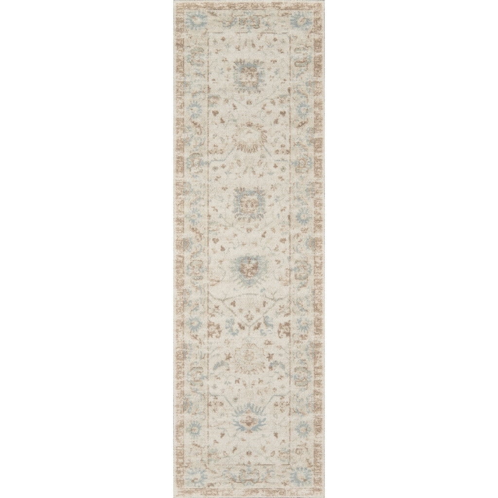 Beige and Blue Medallion Wool and Nylon Runner Rug