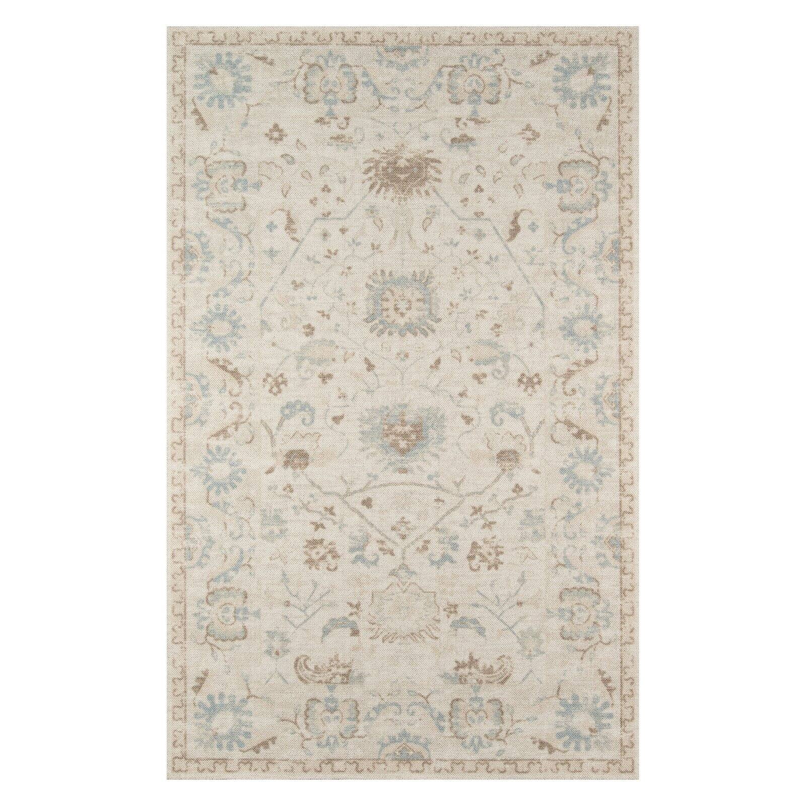Beige and Blue Medallion Wool and Nylon Runner Rug