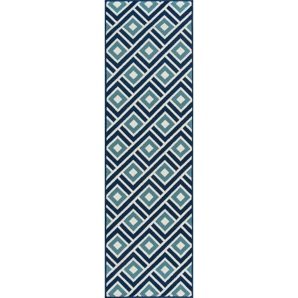 Blue Geometric Flat Woven Synthetic Runner Rug 2'3" x 7'6"