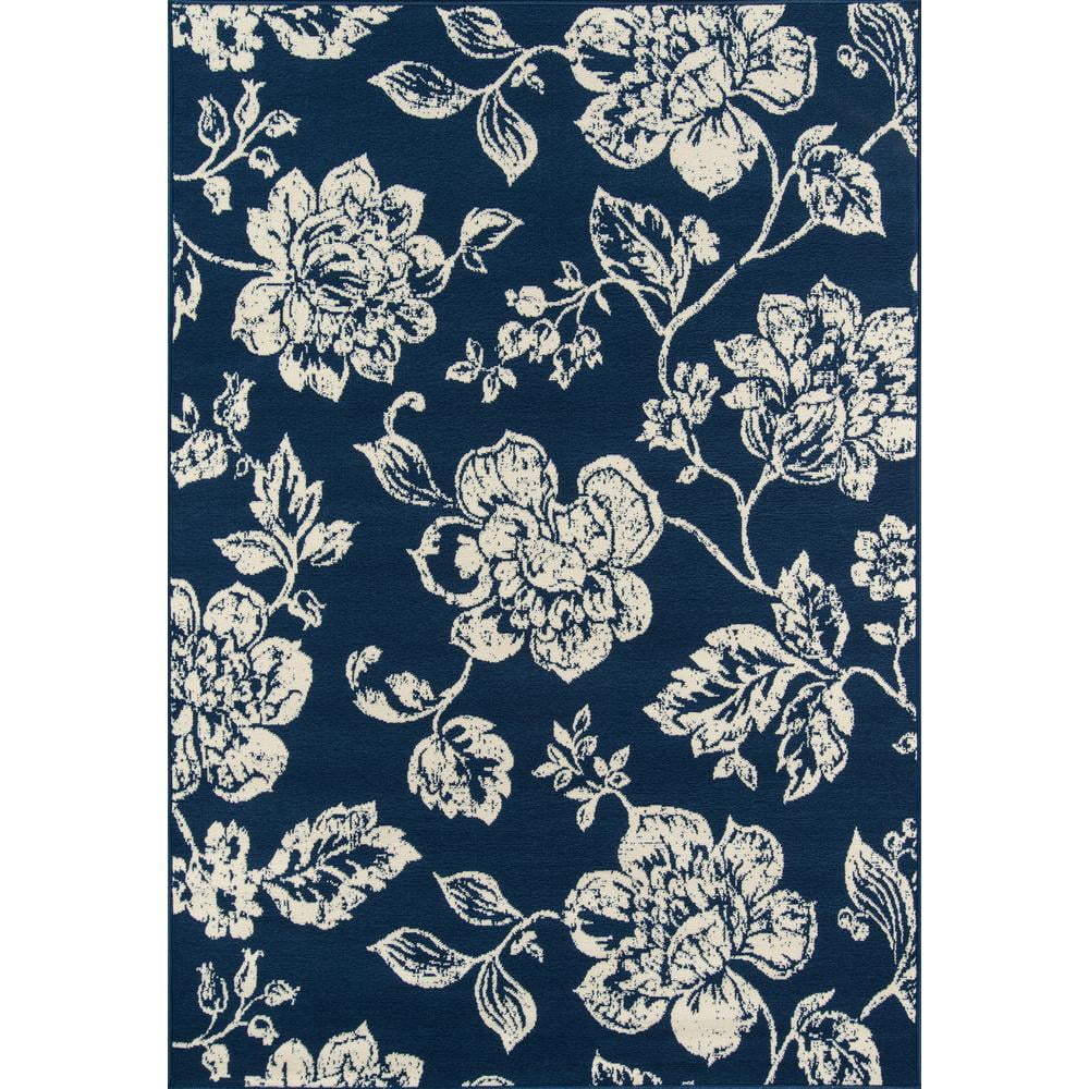 Navy and Ivory Floral Synthetic Outdoor Rug, 2x3 Feet