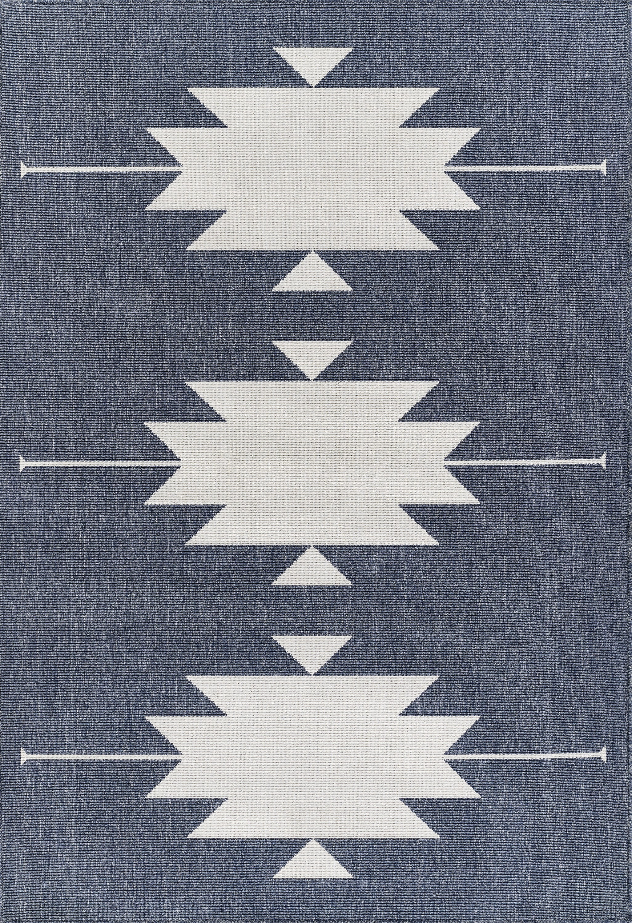 Denim Blue Geometric Oval Indoor Outdoor Rug