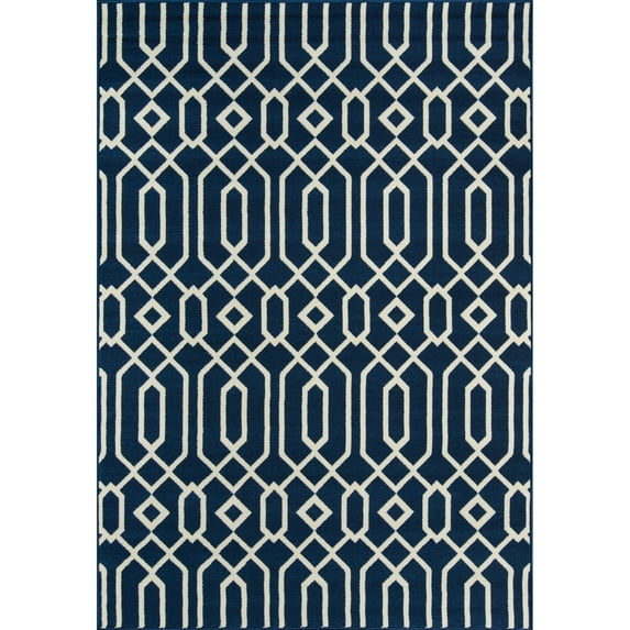 Momeni Baja Links Geometric Trellis Outdoor Area Rug Navy 5'3" x 7'6" 5' x 8' Ivory Runner, Rectangle