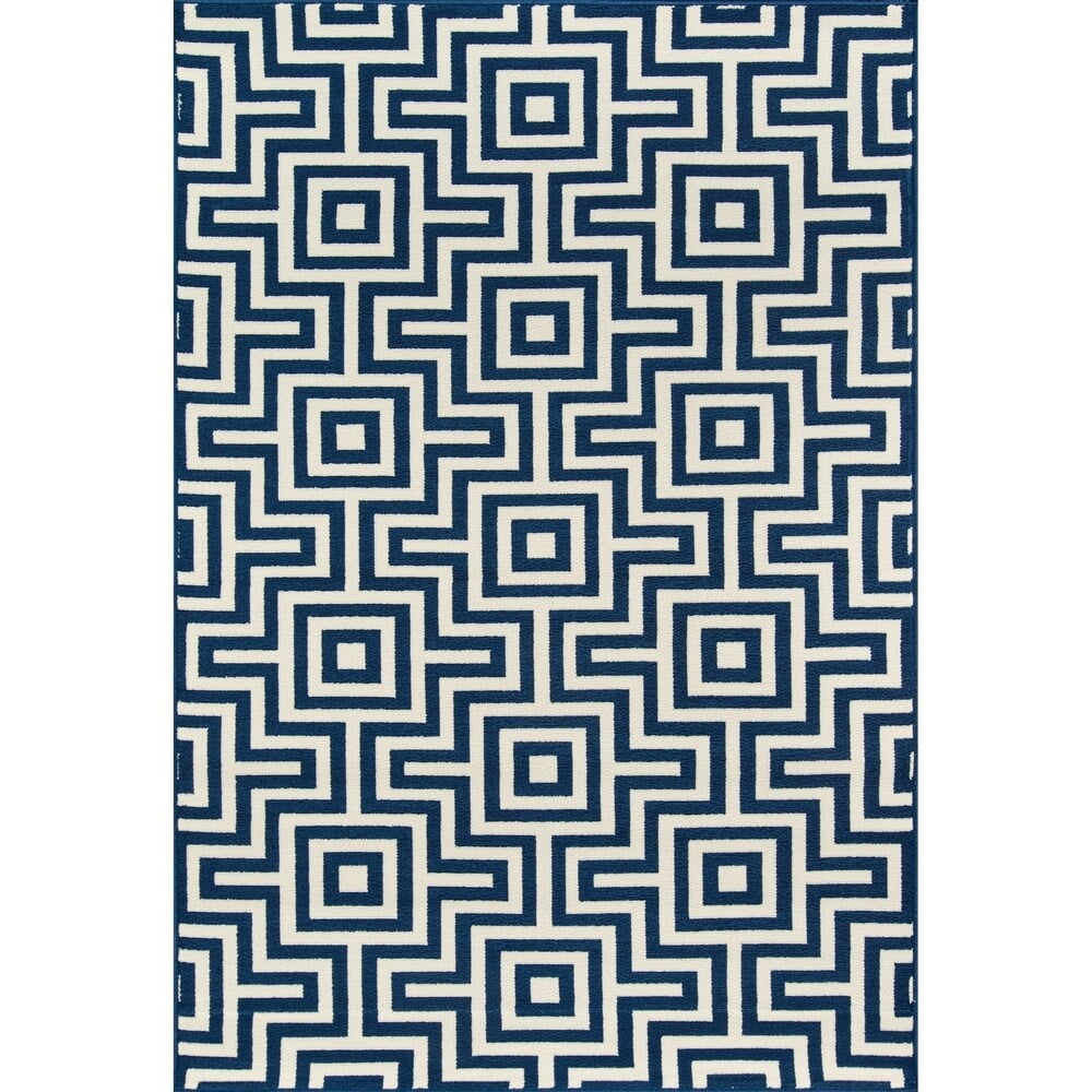 Navy and White Geometric Synthetic Rectangular Rug 8'6" x 13'