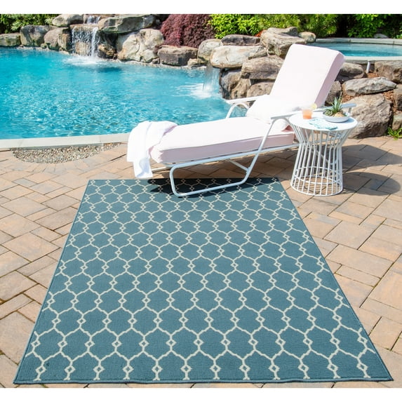 Momeni Baja Trellis Indoor Outdoor Rug Blue 3'11" x 5'7" 4' x 6' Indoor,Outdoor Ivory Rectangle