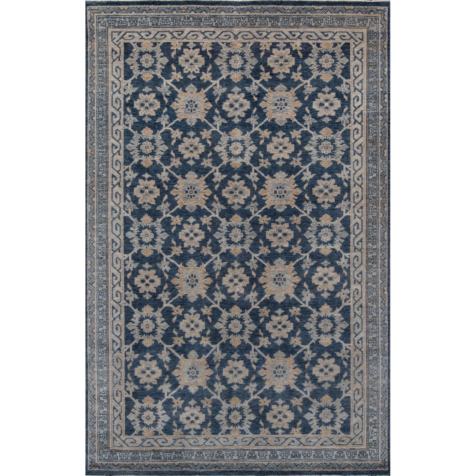 Hand-Knotted Blue Wool Floral Rectangular Area Rug 6' x 9'