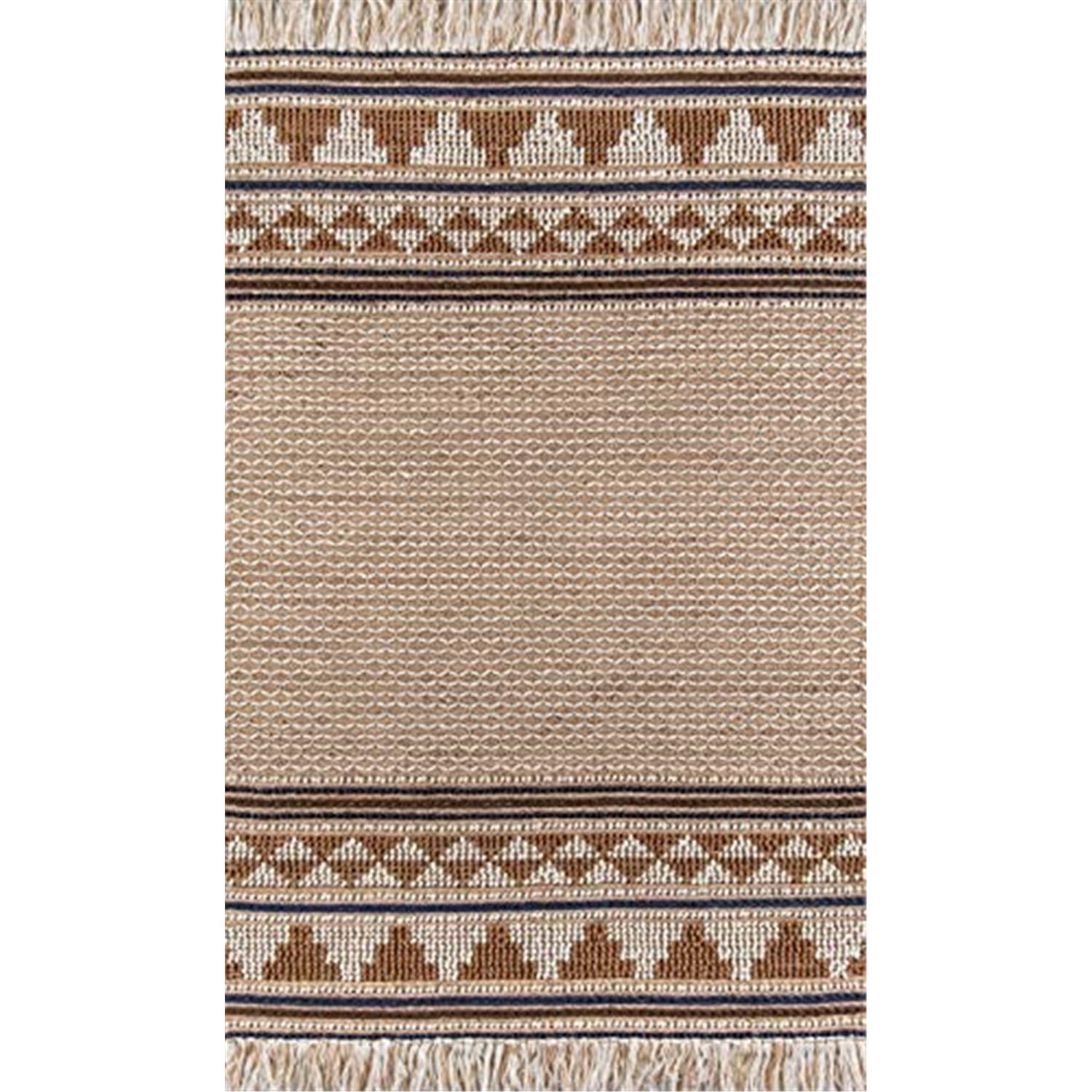 Ivory and Brown Geometric Wool and Cotton Rectangular Rug