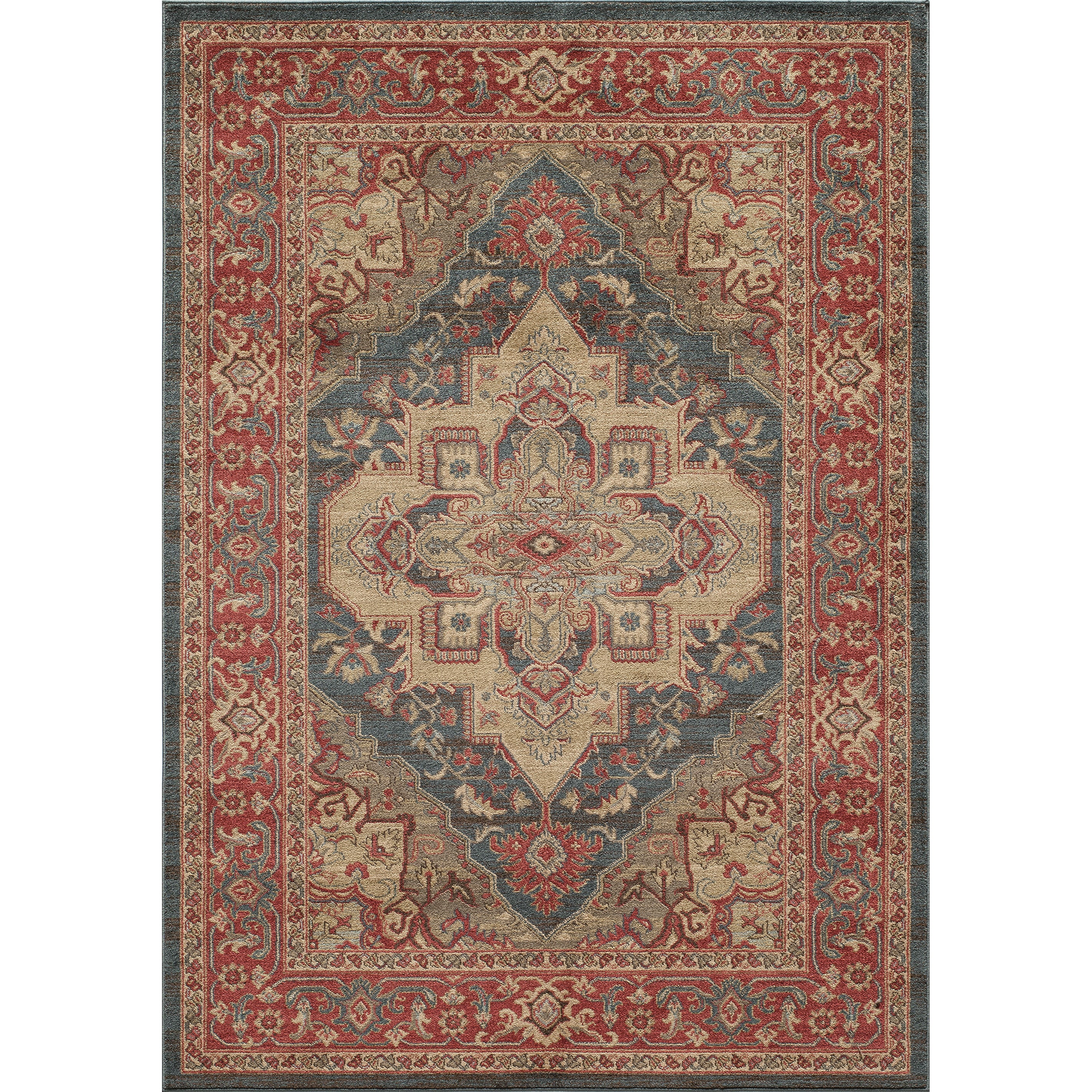 Navy and Beige Traditional Medallion Wool Area Rug